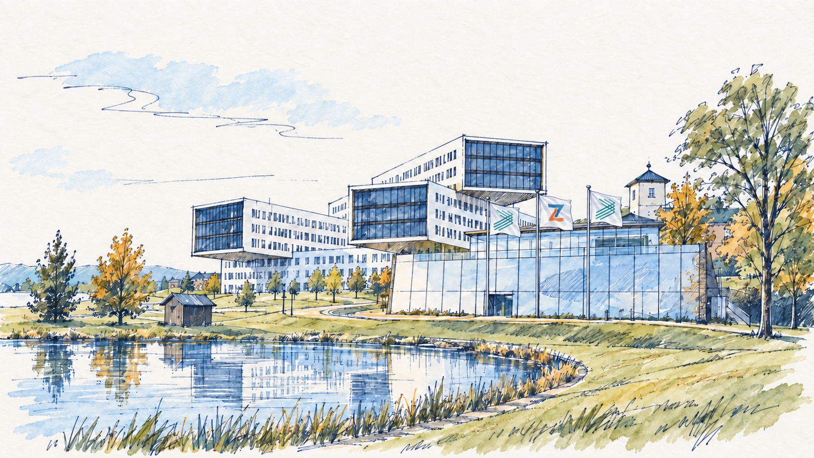 Penntegnet illustrasjon av bygningene og dammen ved Snarøyveien på Fornebu, med tre flagg foran fasaden.